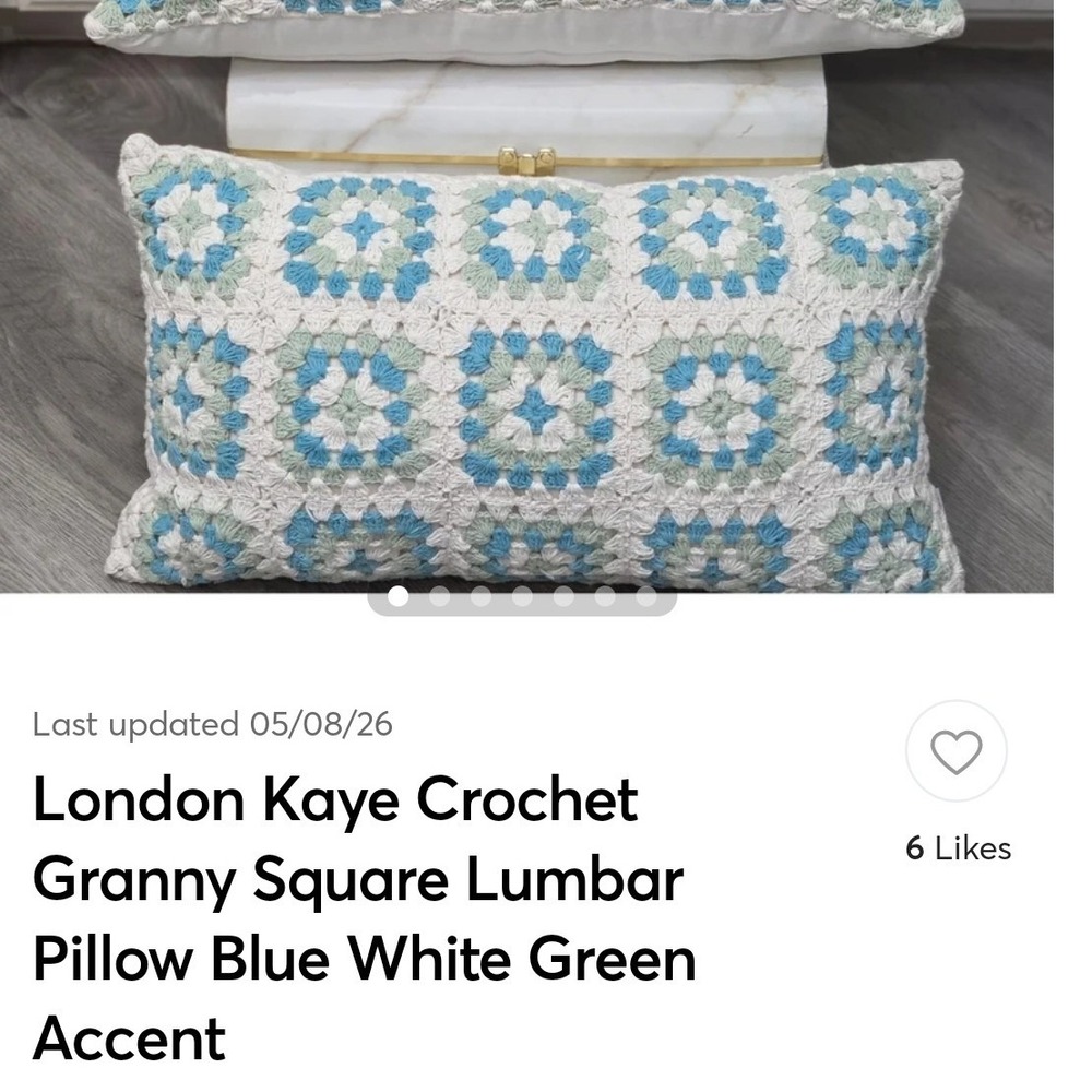 London Kaye Crochet Granny Square Lumbar Pillow Blue White Green Accent 22x12